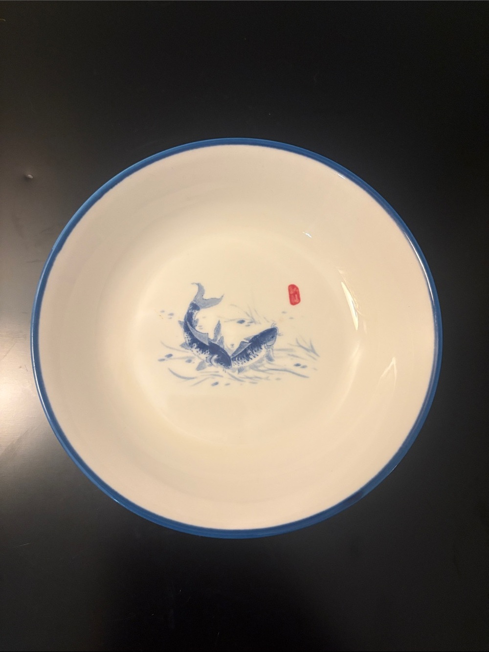 Blue Trim Ceramic Bowl with Koi Fish Motif